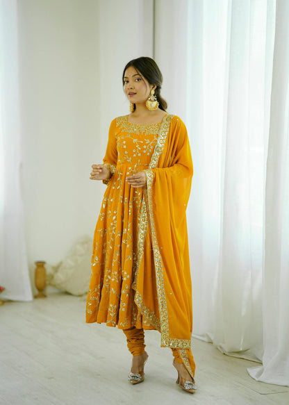 Preeva - Mustard Soft Georgette with Full Embroidery Gown Fully Stitched