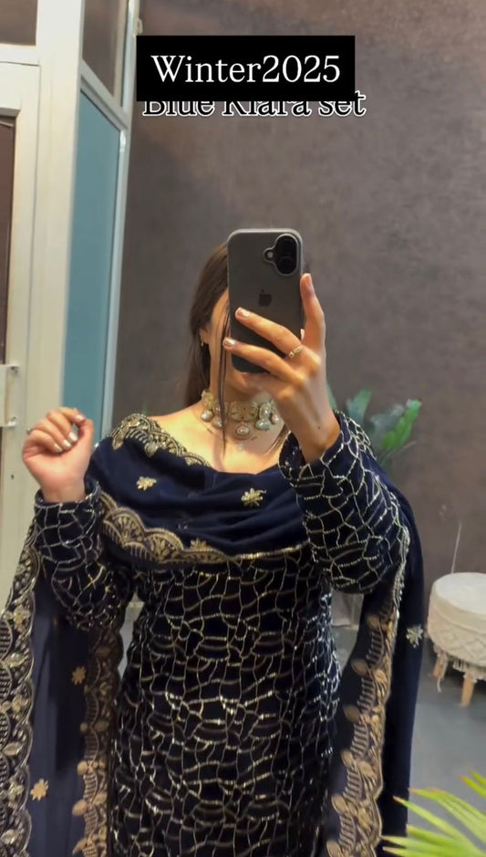 Navy Blue Velvet With Sequins Embroidered Fully Stitched Suit