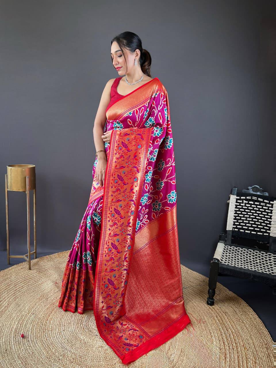 Premium Soft Silk With Rich Patola Weaving and Contast Pallu with Stitched Blouse