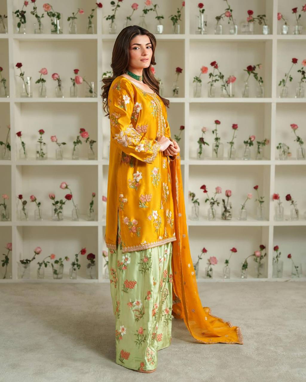 Mustard & Mahendi Floral Embroidery Salwar Suit Fully Stitched