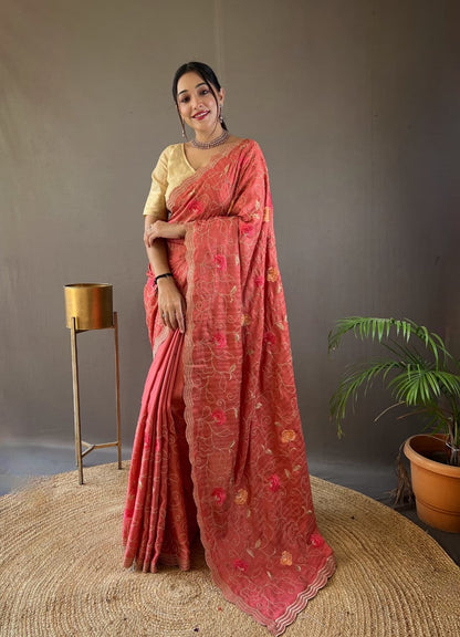 Kamya - Pure Tussar Silk with Jaal Embroidery Weaving with Stitched Blouse Options