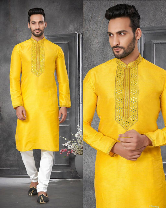 Neck mirror work silk kurta with pant