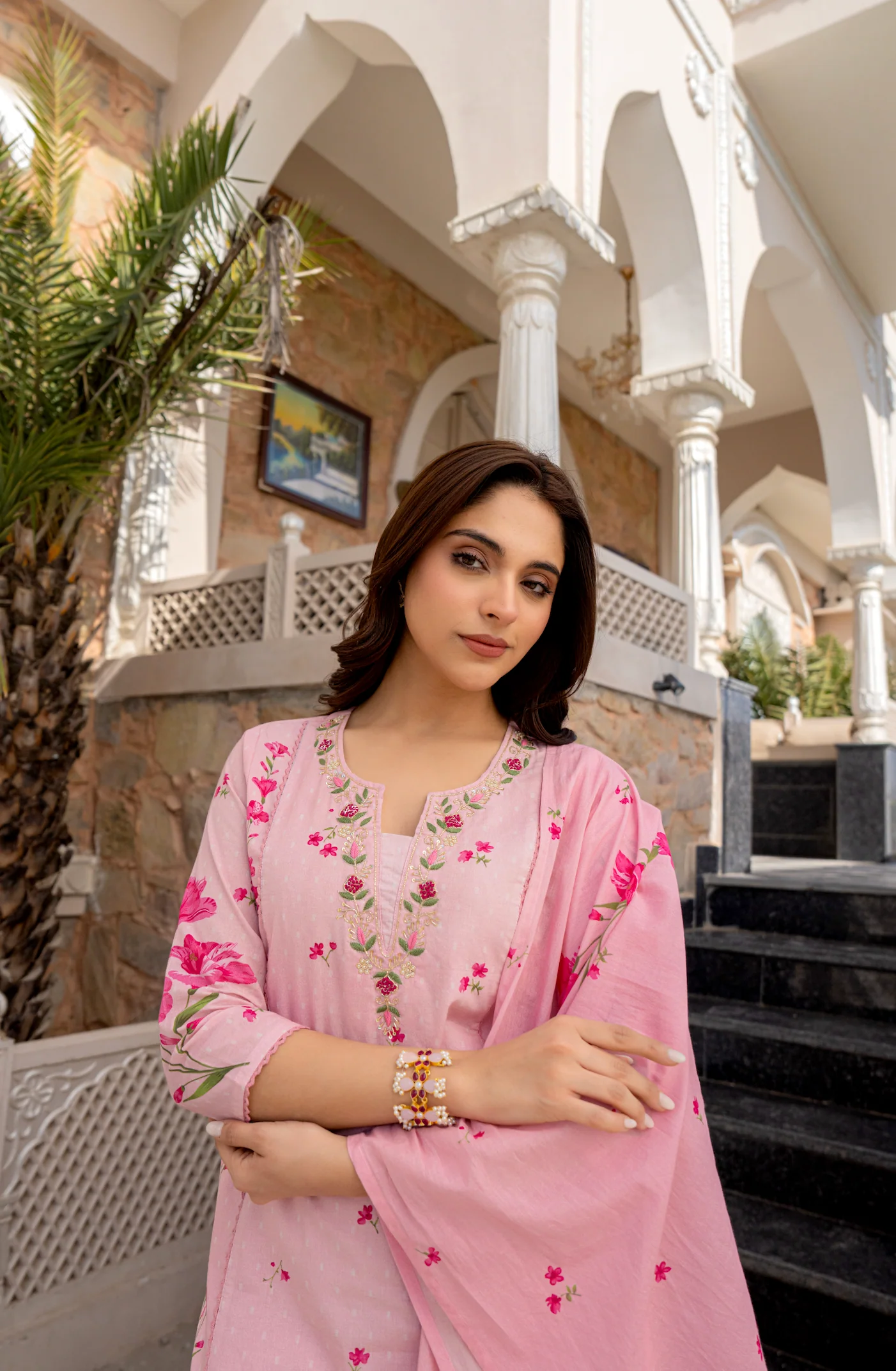 Baby Pink Chanderi Cotton Soft Kurti Set