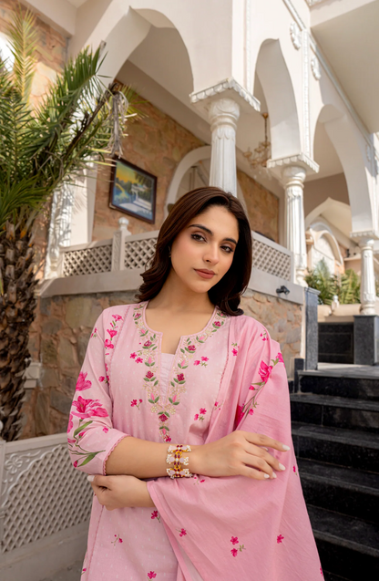 Baby Pink Chanderi Cotton Soft Kurti Set