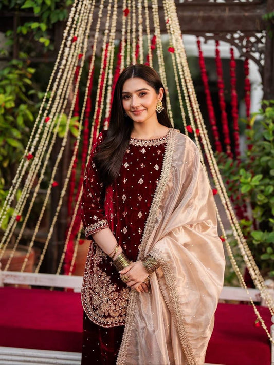 Pure Velvet Maroon Pink Punjabi Suit with Plazo Fully Stitched