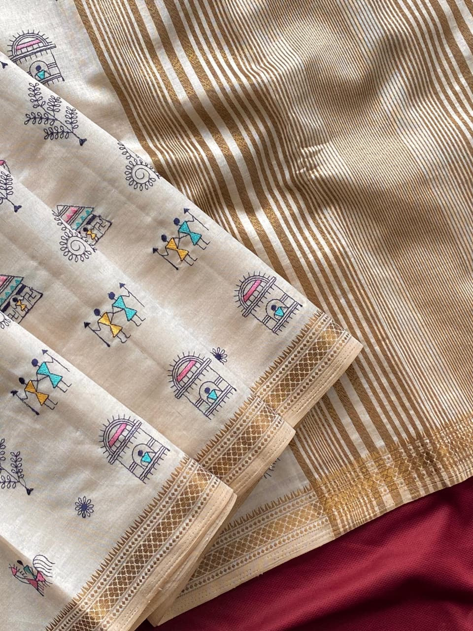 Saheli - Pure Loom Tussar Silk with Beautiful Embroidery Doodle Art and Stitched Blouse Options