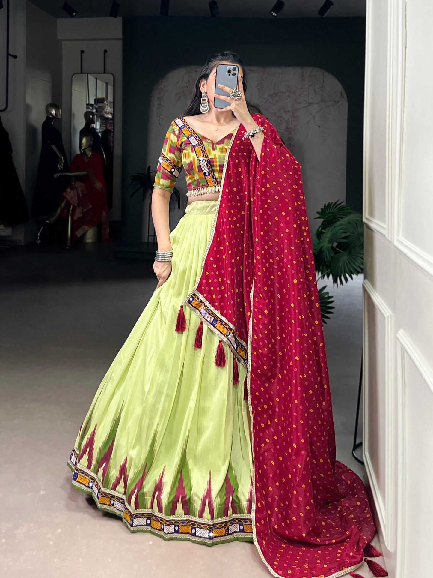 Beautiful Real Mirror & Gamthi Work Silk Chaniya Cholis for Navratri