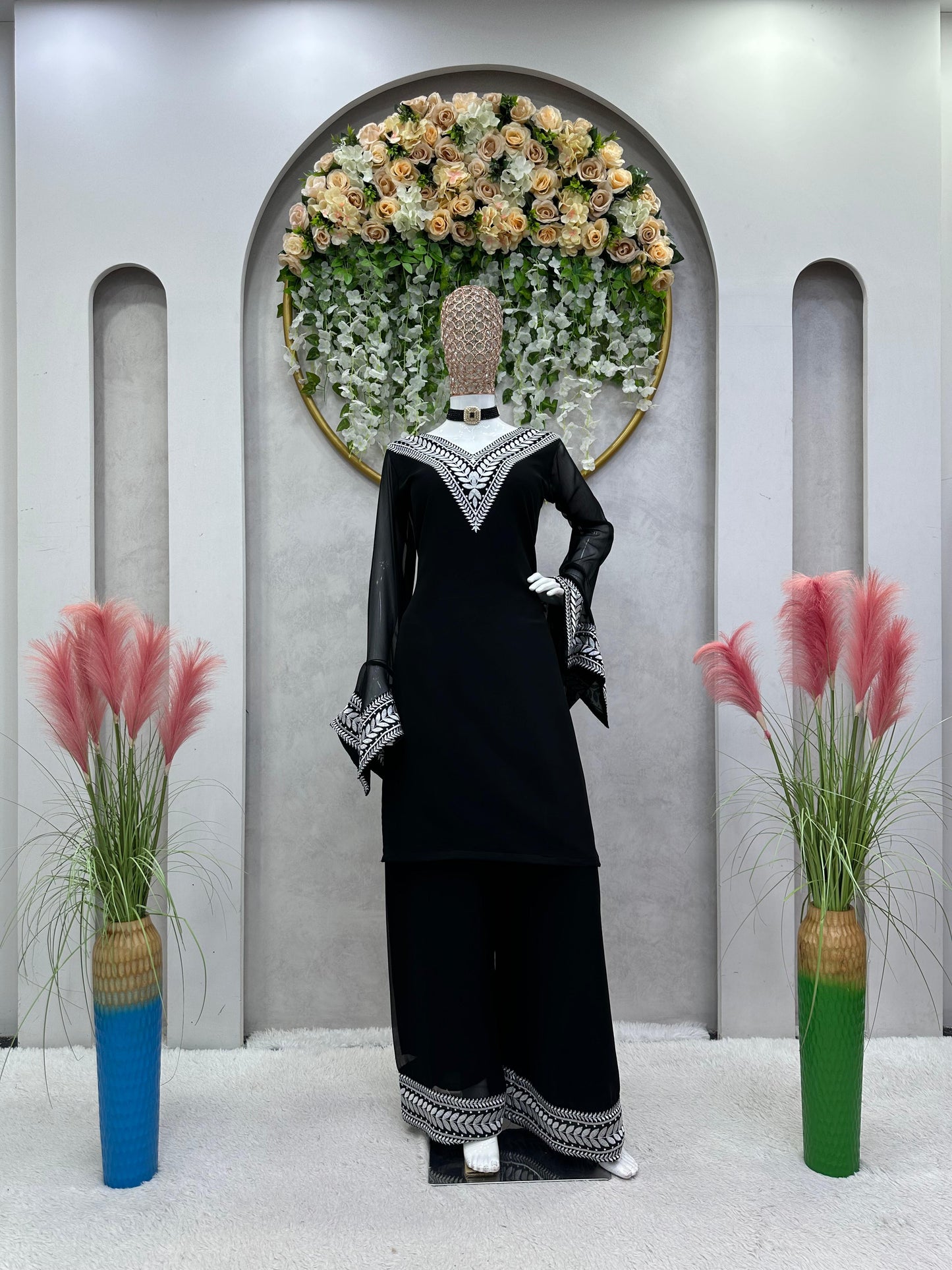 Georgette black Top & Plazo suit fully stitched