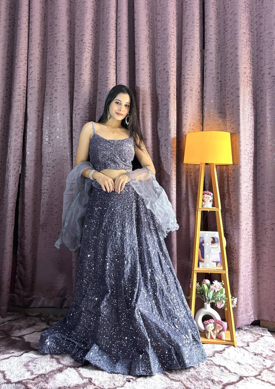 Grey Shimmering Fully Sequins work Lehenga Fully Stitched