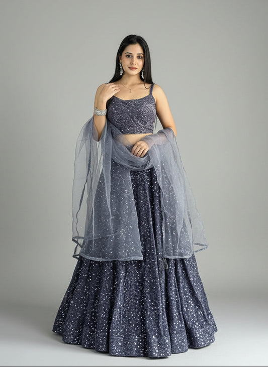 Grey Shimmering Fully Sequins work Lehenga Fully Stitched