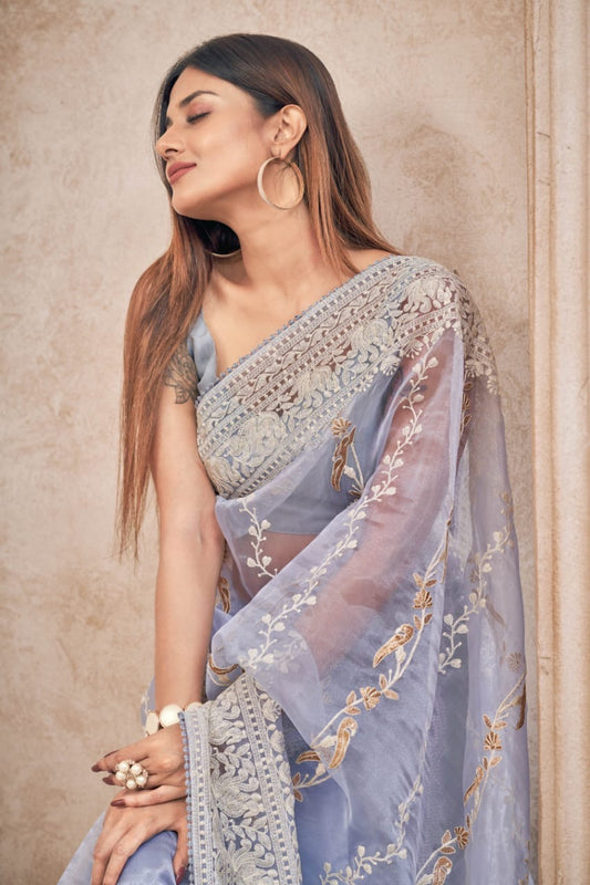 Embroidered on Organza saree with fully stitched blouse