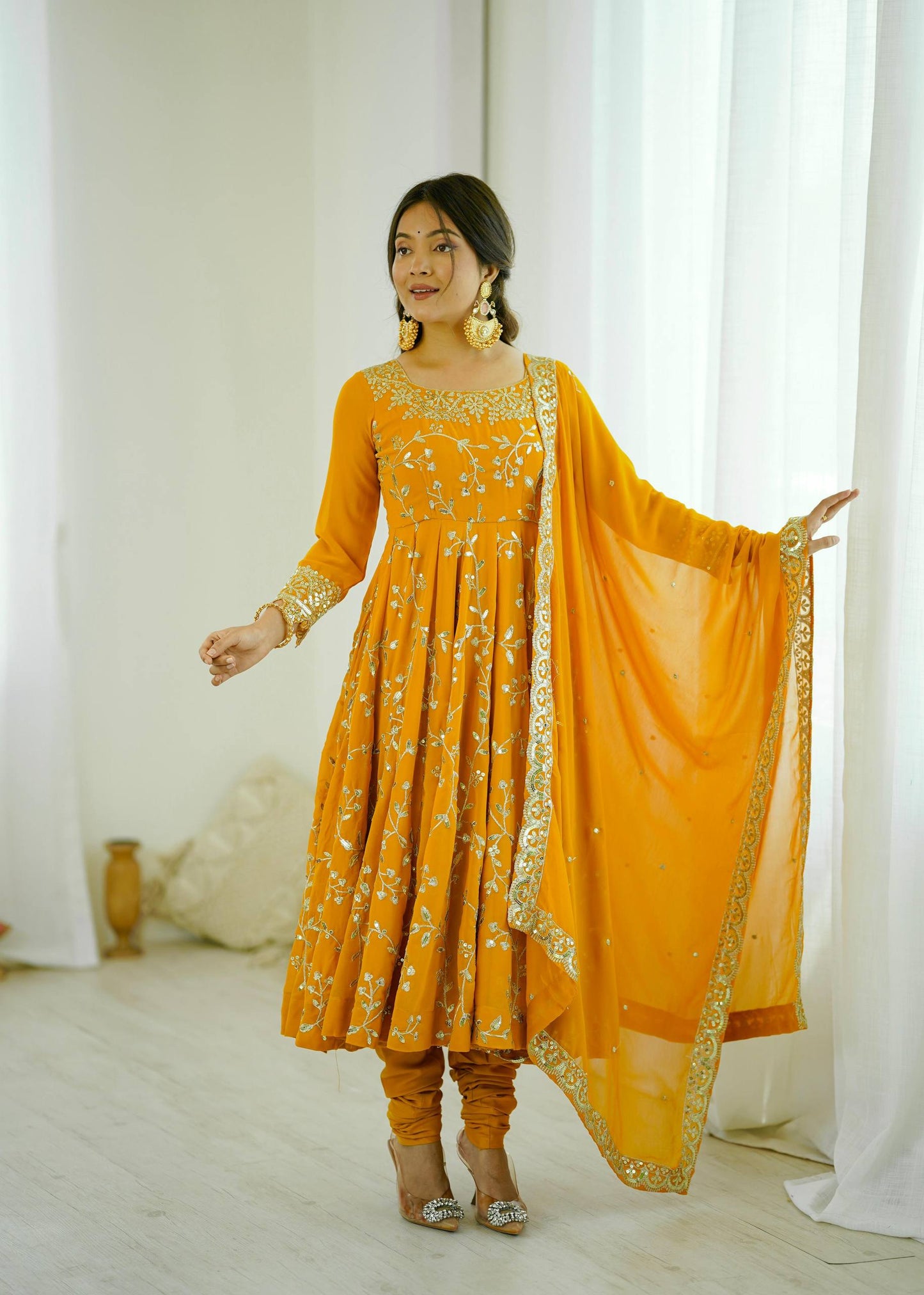 Preeva - Mustard Soft Georgette with Full Embroidery Gown Fully Stitched