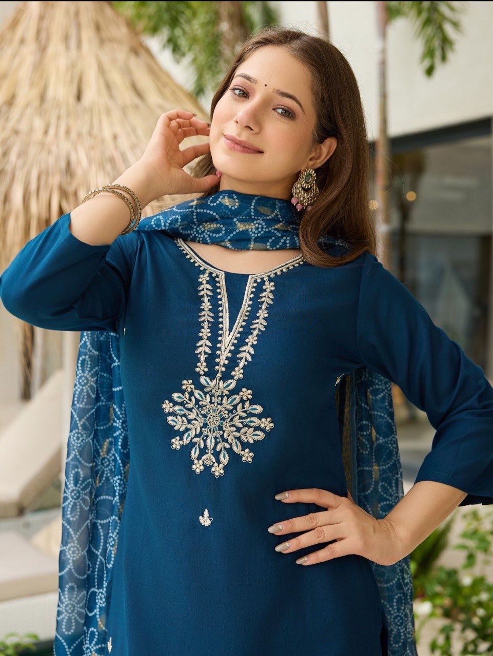 Premium Rama Rayon Fully Stitched Kurti Set with Minimal Embroidery