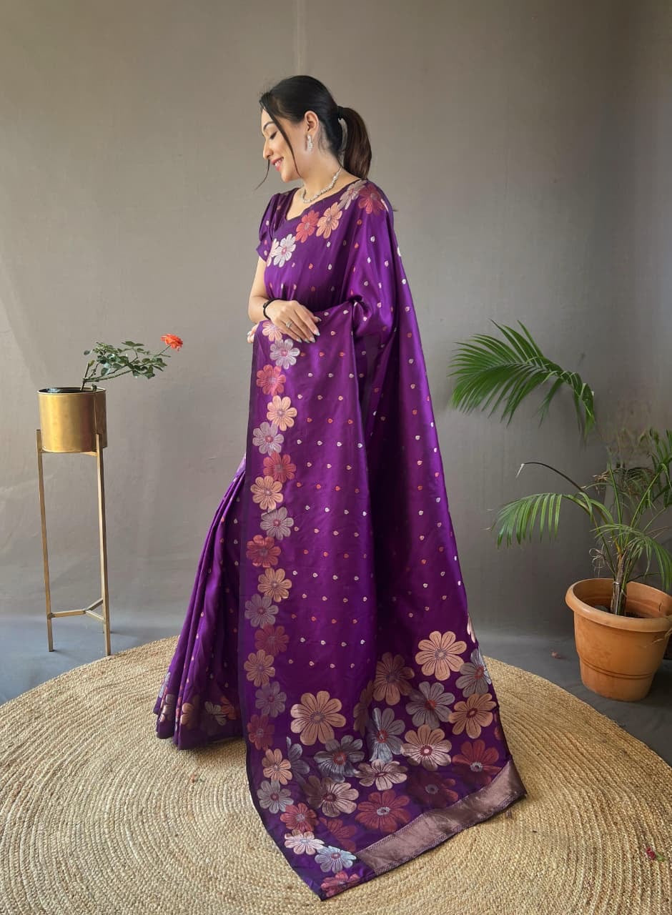 Palki - Soft Silk Copper and Gold Zari Weaving Flower Weaved Saree with Stitched Blouse Options