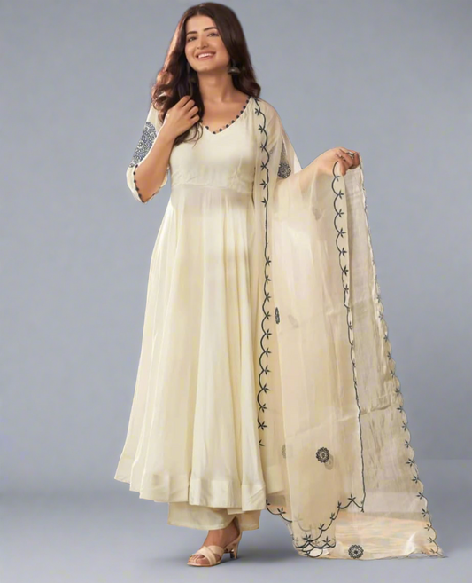 Timeless Off White Cotton Anarkali Suit Fully Stitched