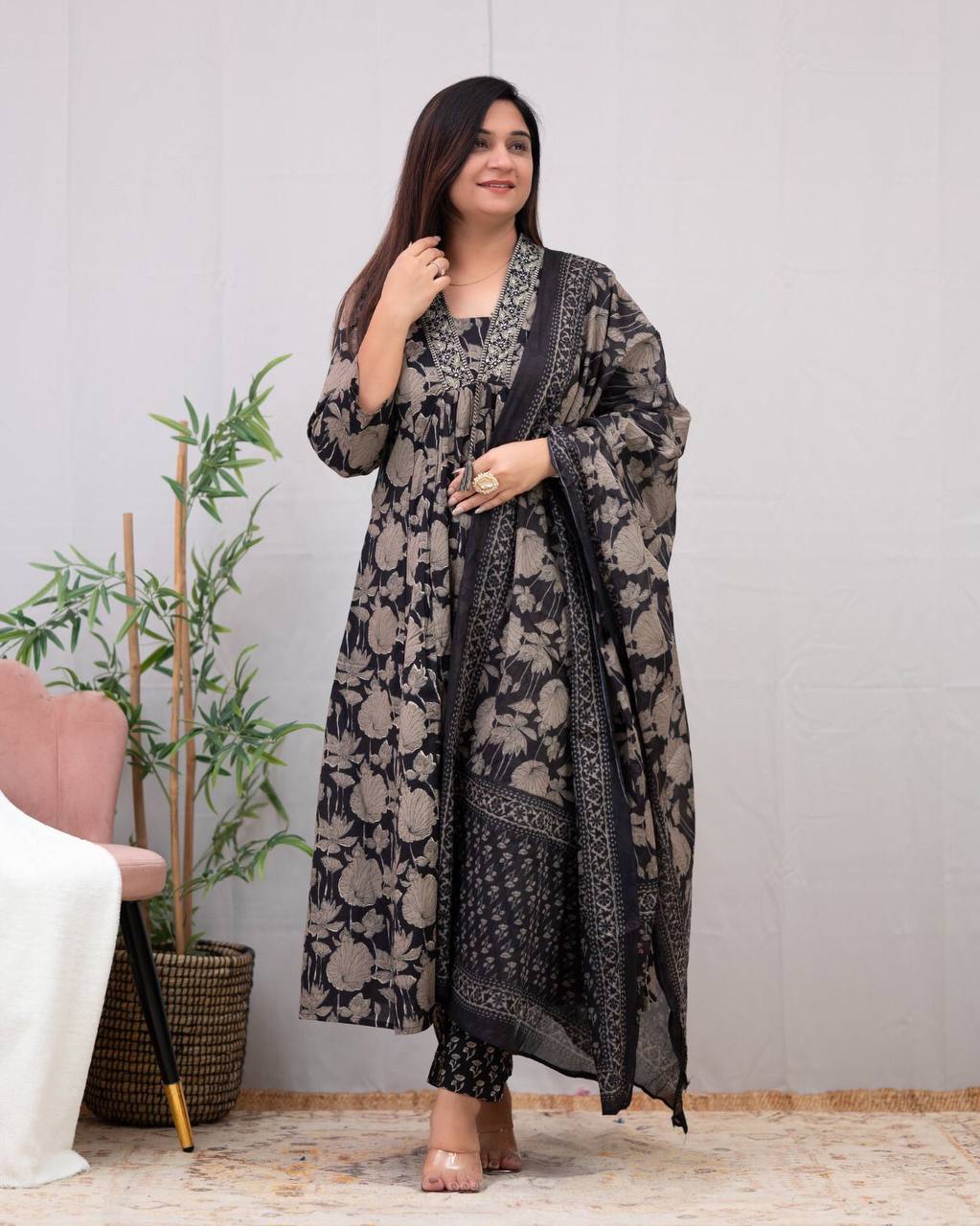 Black and white cotton premium suit with pant and dupatta