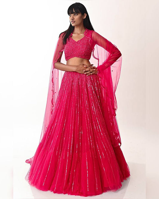 Rani Pink double layered Organza fully stitched lehenga