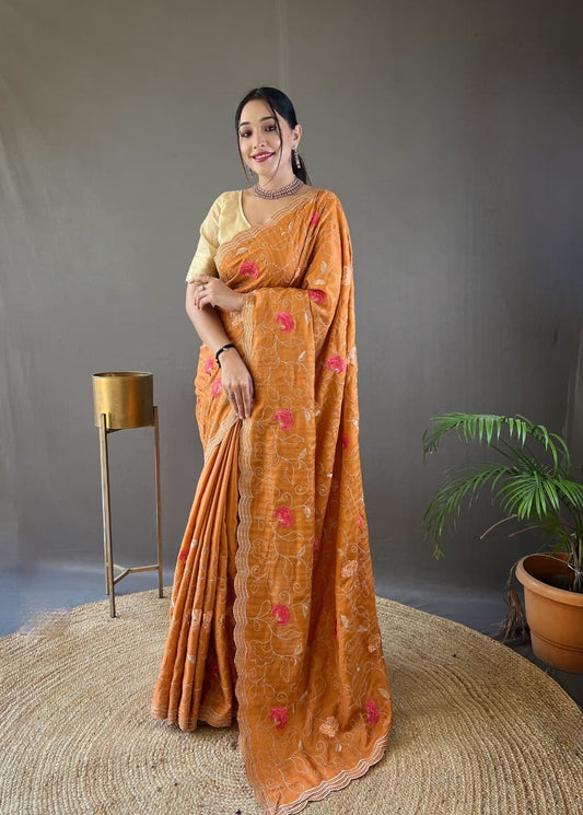 Kamya - Pure Tussar Silk with Jaal Embroidery Weaving with Stitched Blouse Options