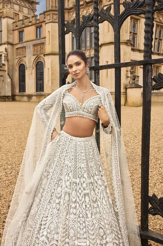 Grey White Premium Net Lehenga with Sequins, Dori and Pearl Work Fully Stitched