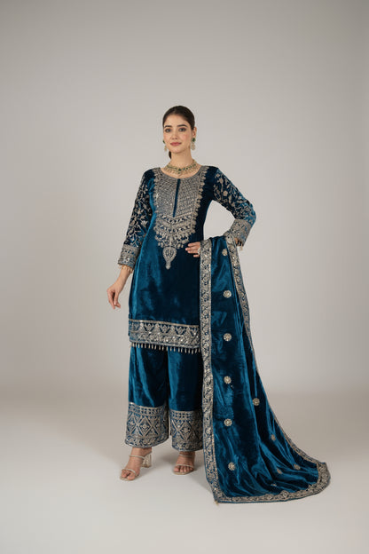 Noor - Bottle Green Premium Velvet Fabric with beautiful Embroidery Suit Fully Stitched