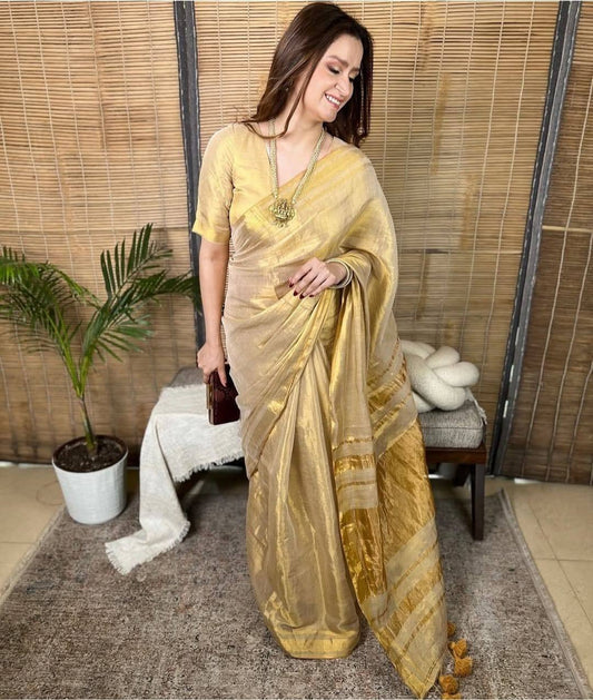 Rashmika - Premium Gold & Off White Linen Tissue Silk Saree with Stitched Blouse Options