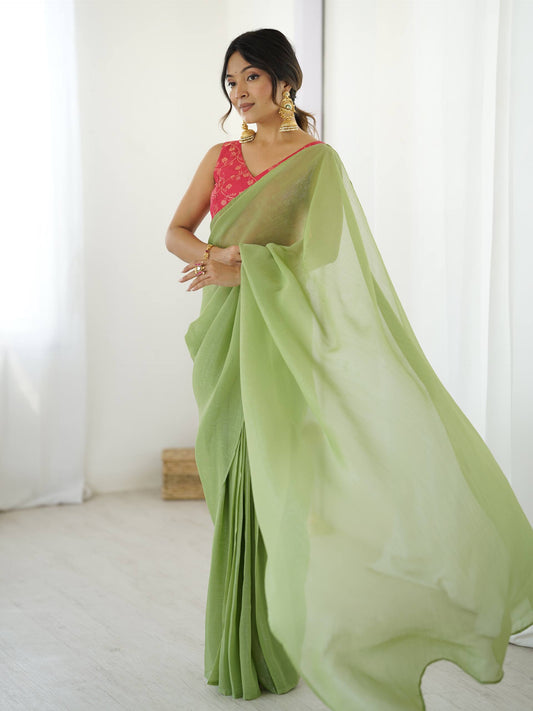 Pista Soft Sparkle Silk Ready to Wear Saree with Stitched Blouse