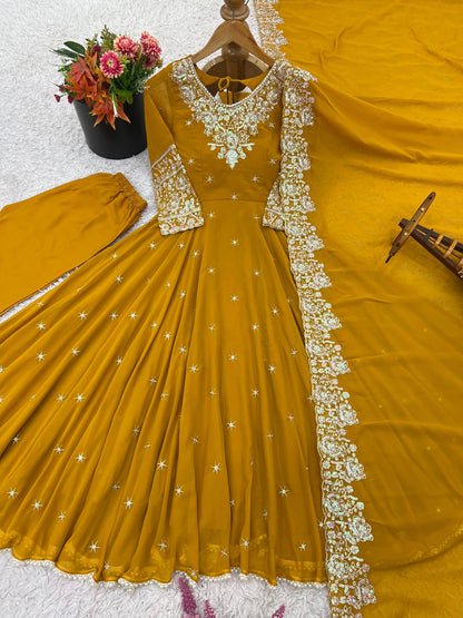 Mustard Premium Faux Georgette Anarkali Gown with Beautiful Work Fully Readymade