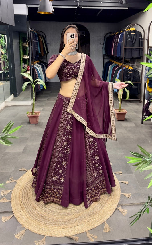 Trending wine colour lehenga georgette fabric and work fully stitched