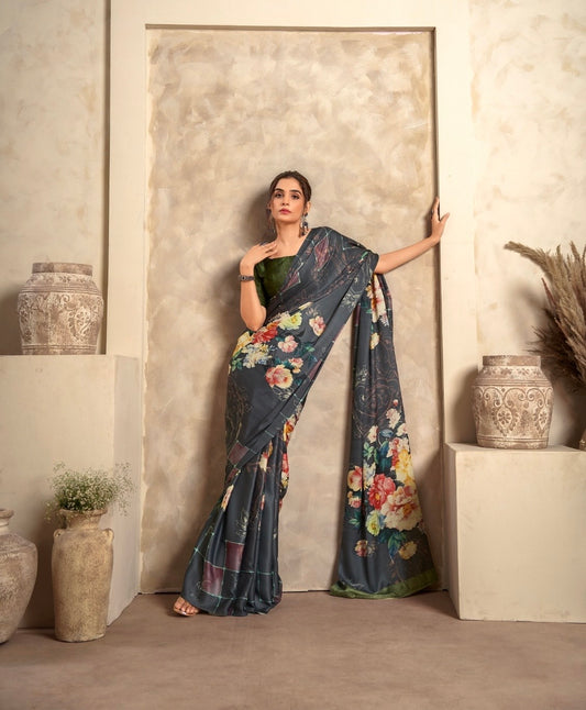 Soft satin silk printed sarees