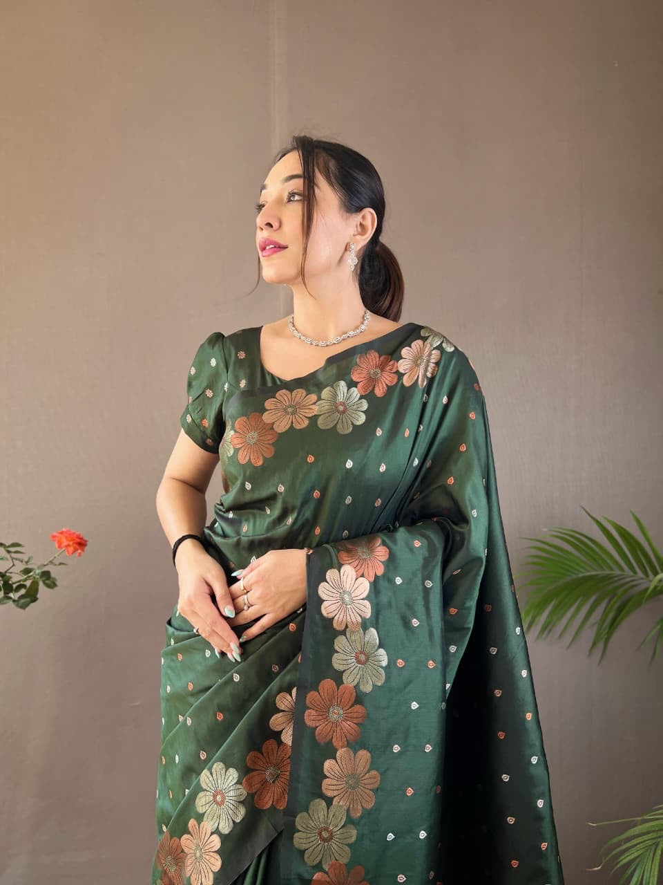 Palki - Soft Silk Copper and Gold Zari Weaving Flower Weaved Saree with Stitched Blouse Options