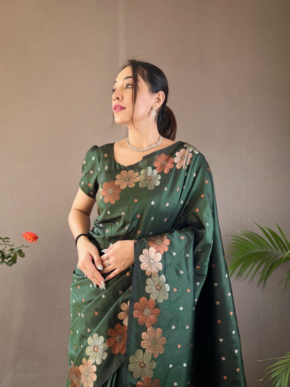 Palki - Soft Silk Copper and Gold Zari Weaving Flower Weaved Saree with Stitched Blouse Options