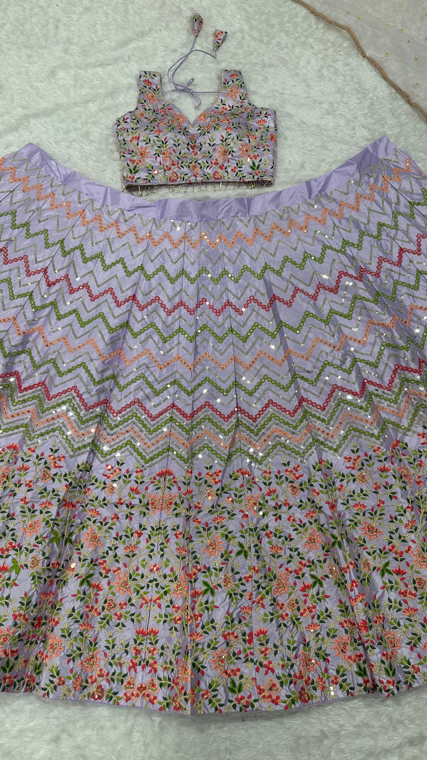 Pastel Purple Premium Satin Silk Lehenga with Sequins and Embroidery Work Fully Stitched