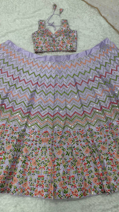 Pastel Purple Premium Satin Silk Lehenga with Sequins and Embroidery Work Fully Stitched