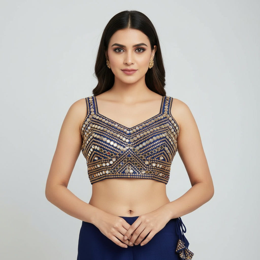 Decorative blue and gold top with embellishments on a white background