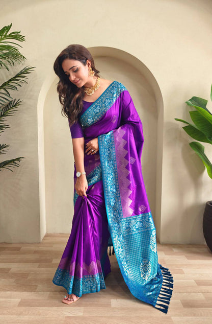 Priyanshi - Beautiful Dual Tone Soft Silk Saree with Zari Weaves with Stitched Blouse