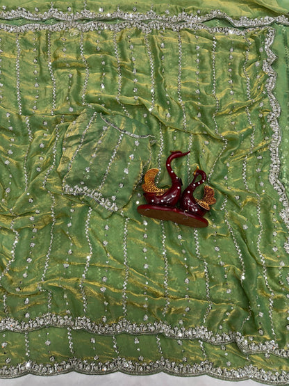 Party Star - Premium Space Silk Saree with Swaroski like crystal work with Fully Stitched Blouse