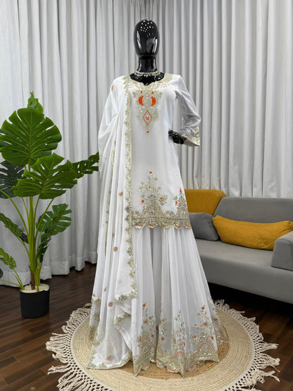 Premium Black or White Embroidered Fully Stitched Sharara Set in Readymade Sizes