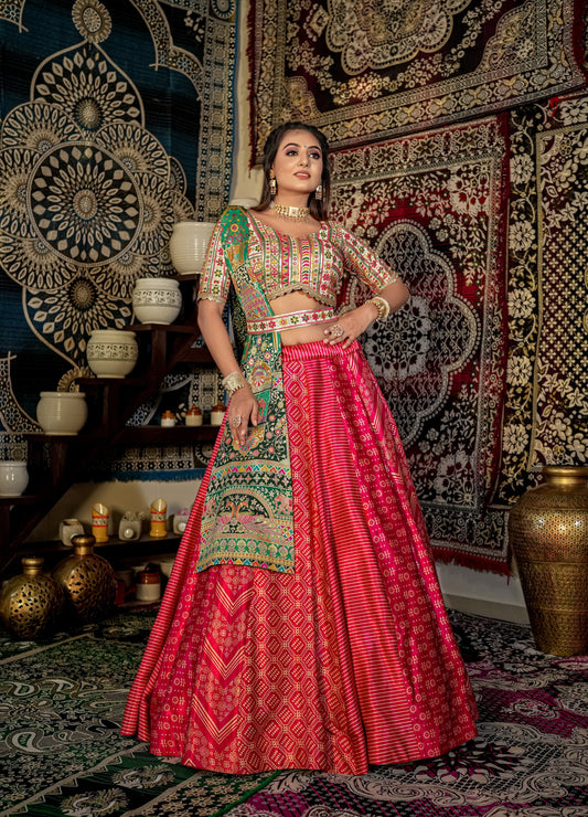 Vihangi - Red and green detailed print fully stitched lehenga