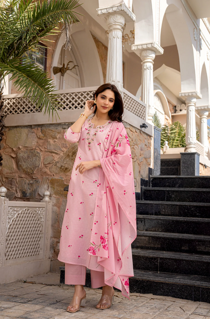 Baby Pink Chanderi Cotton Soft Kurti Set