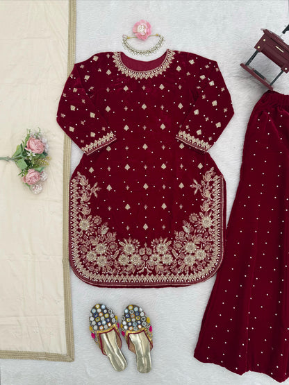 Pure Velvet Maroon Pink Punjabi Suit with Plazo Fully Stitched