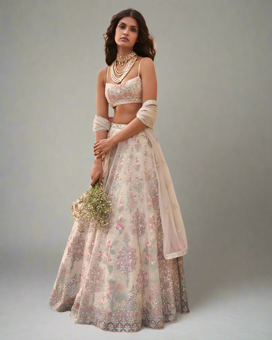 Premium Off White Floral Embroidered Fully Stitched Lehenga