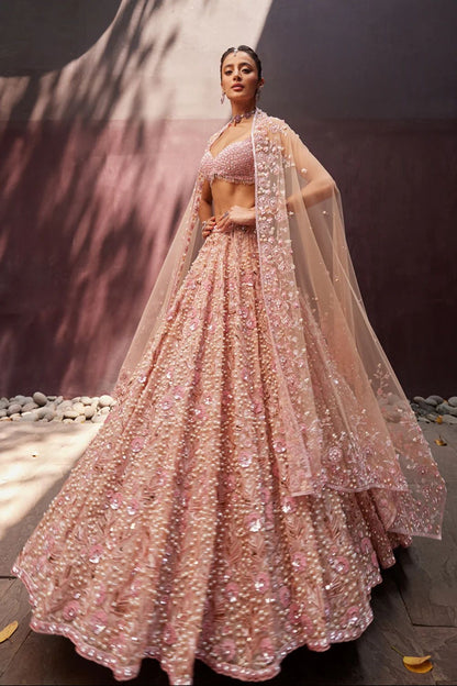 Premium Peach Georgette Floral Work Lehenga with Sequins and Pearl Work Fully Stitched