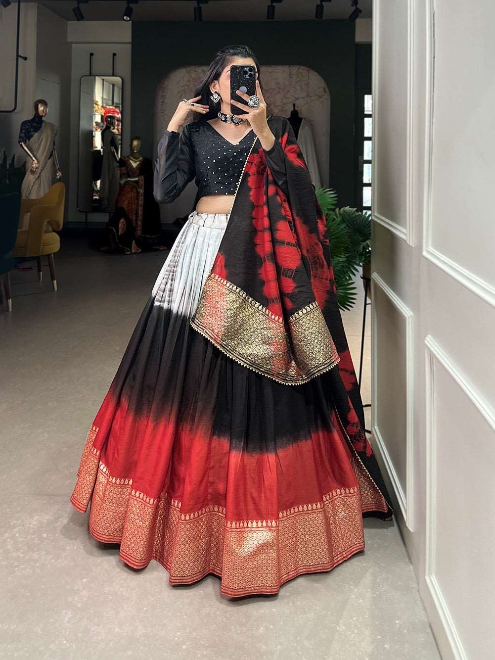 Multicoloured fully stitched pure chanderi fabric lehenga