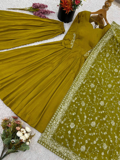 Mehendi Chiffon Classic Minimal Gown with Embroidered Dupatta Fully Stitched