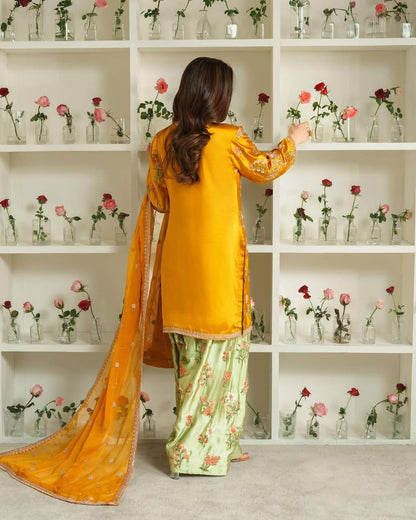 Mustard & Mahendi Floral Embroidery Salwar Suit Fully Stitched