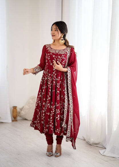 Preeva - Cherry 🍒 Pink  Soft Georgette with Full Embroidery Gown Fully Stitched