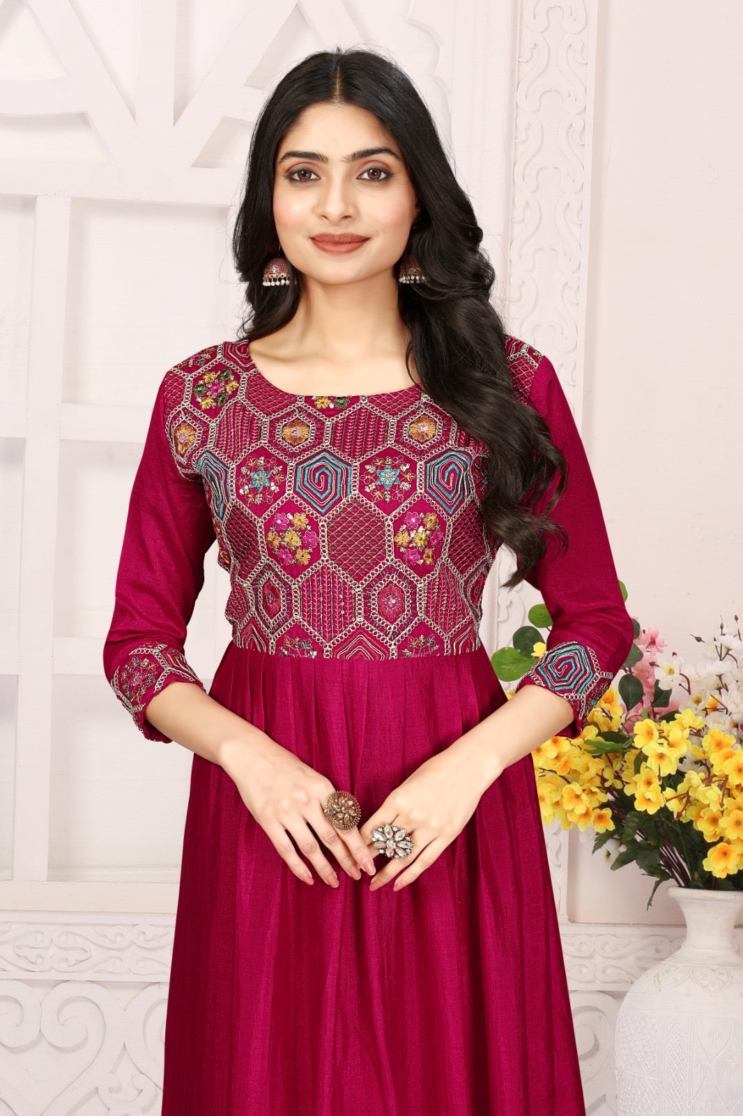 Rani Pink Vichitra Silk Gown Fully Stitched