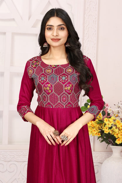 Rani Pink Vichitra Silk Gown Fully Stitched