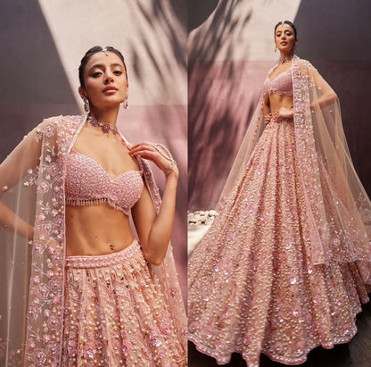 Premium Peach Georgette Floral Work Lehenga with Sequins and Pearl Work Fully Stitched