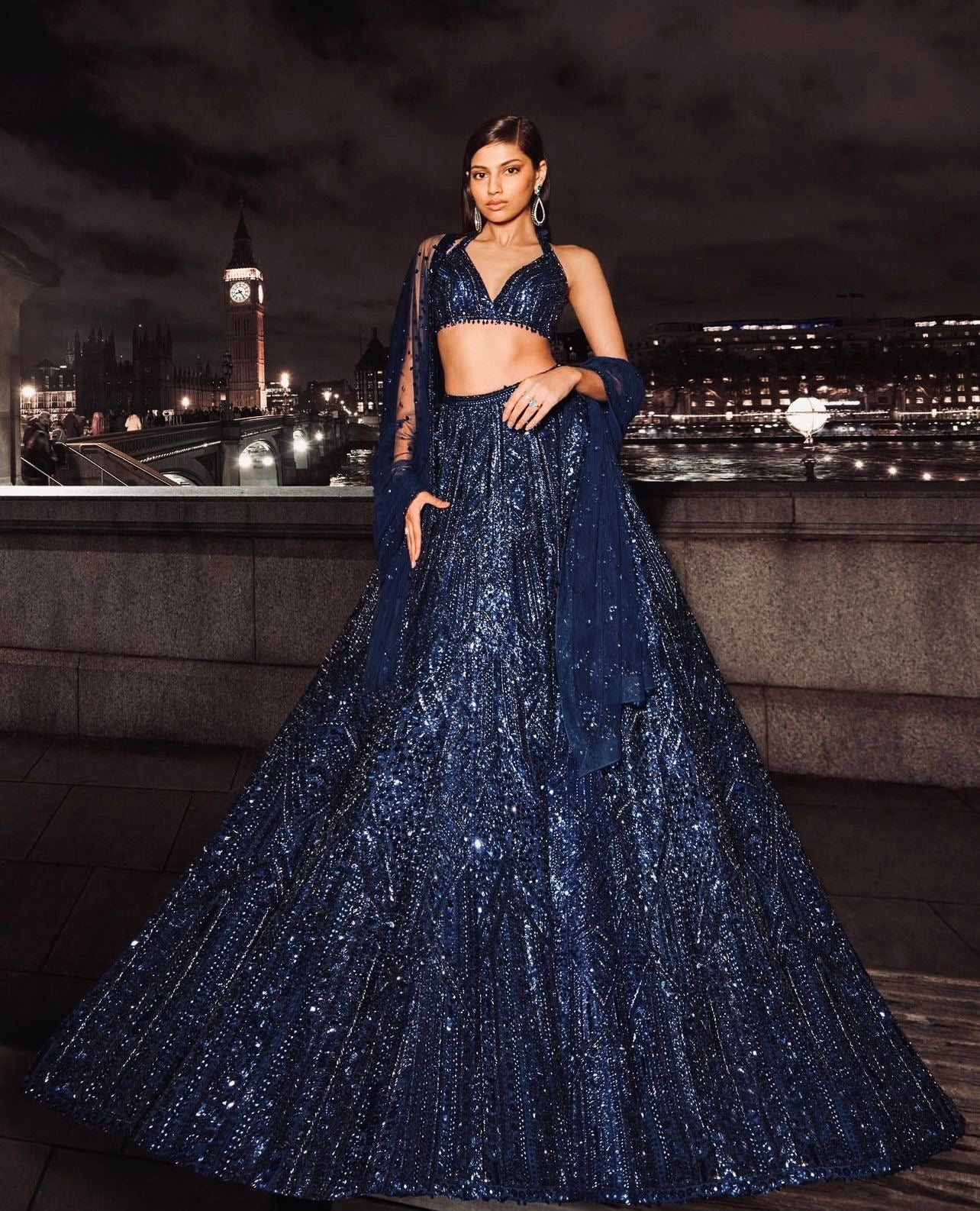 Anoushka - Premium Navy Blue Net Lehenga with Heavy Sequins Work Fully Stitched